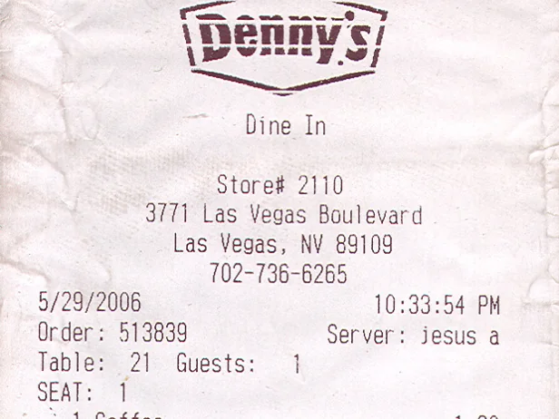 A receipt from Denny's.