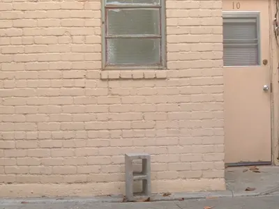 A brick outside a bathroom window.