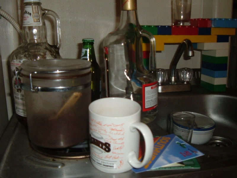 A cluttered counter.