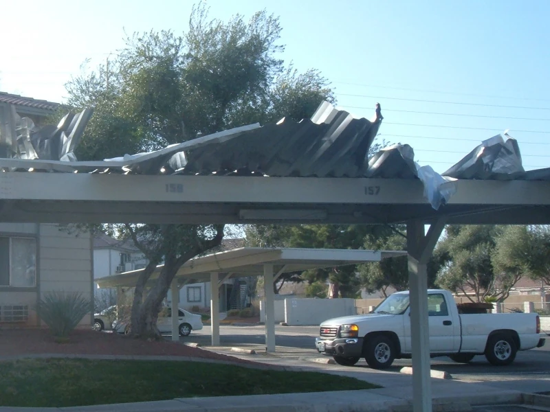 A parking structure damaged by Mothra.
