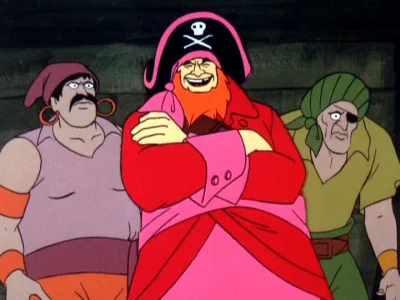 A screenshot from an episode of Scooby Doo with laughing pirates.