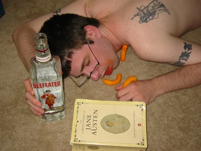 Kevin passes out with a bottle of Beefeater and Jane Austen.