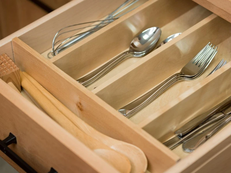 A drawer of silverware.